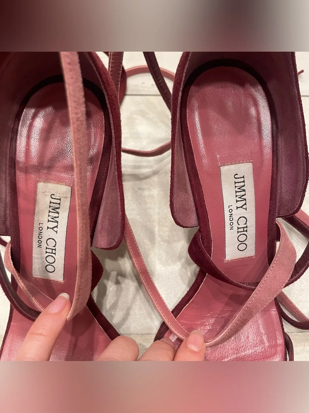 Jimmy Choo Flynn, orchid pink and burgundy suede wrap heels 37.5 7 7.5